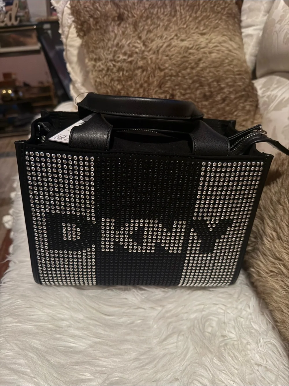 DKNY Black Crystal-Studded Logo Satchel